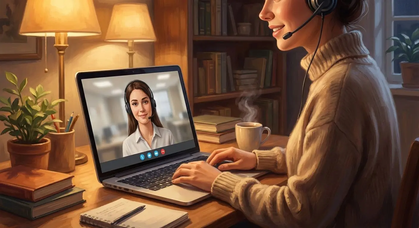 Pessoa conversando com atendente de suporte em ambiente tranquilo