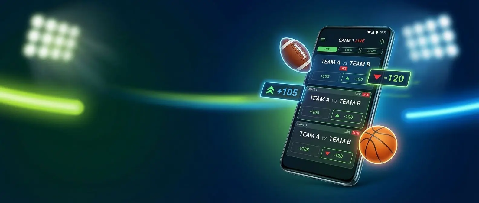 Smartphone com interface genérica de app de apostas esportivas em destaque