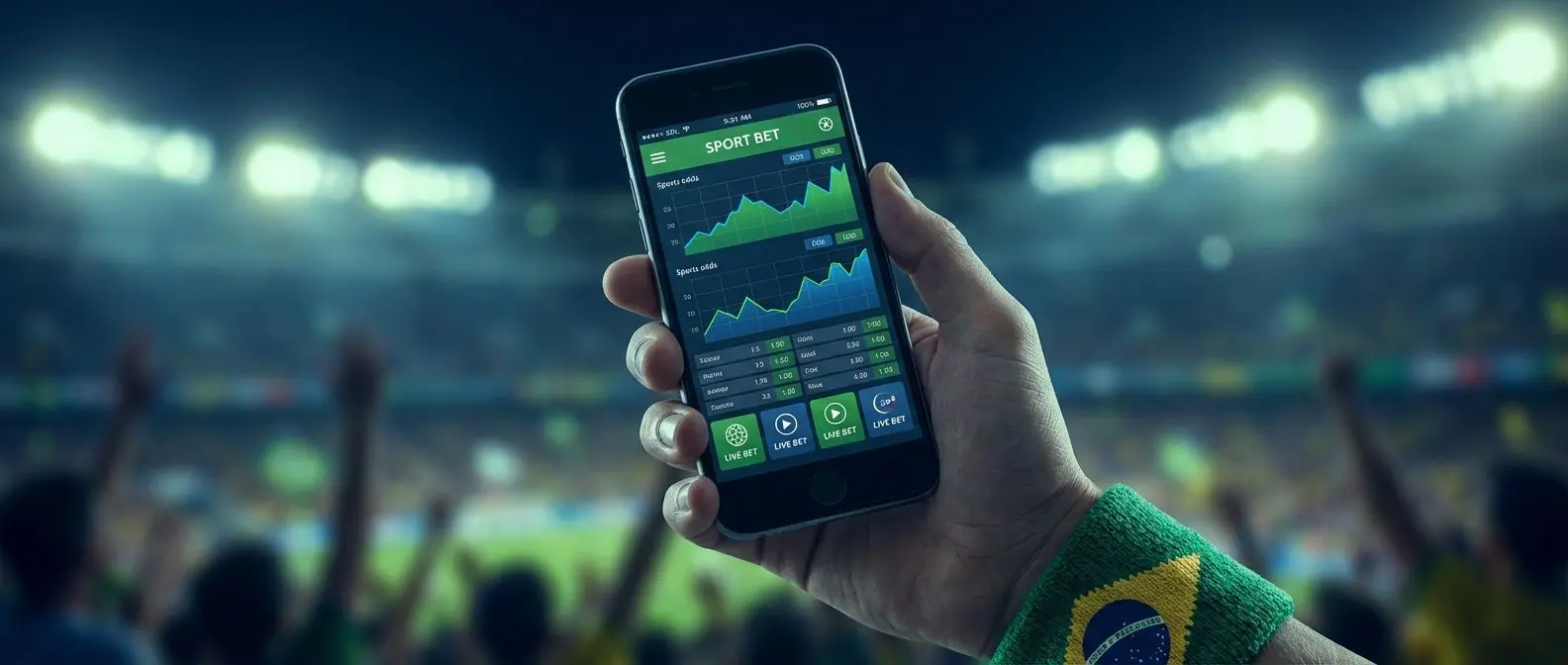 Pessoa segurando smartphone com app de apostas aberto em frente a estádio iluminado