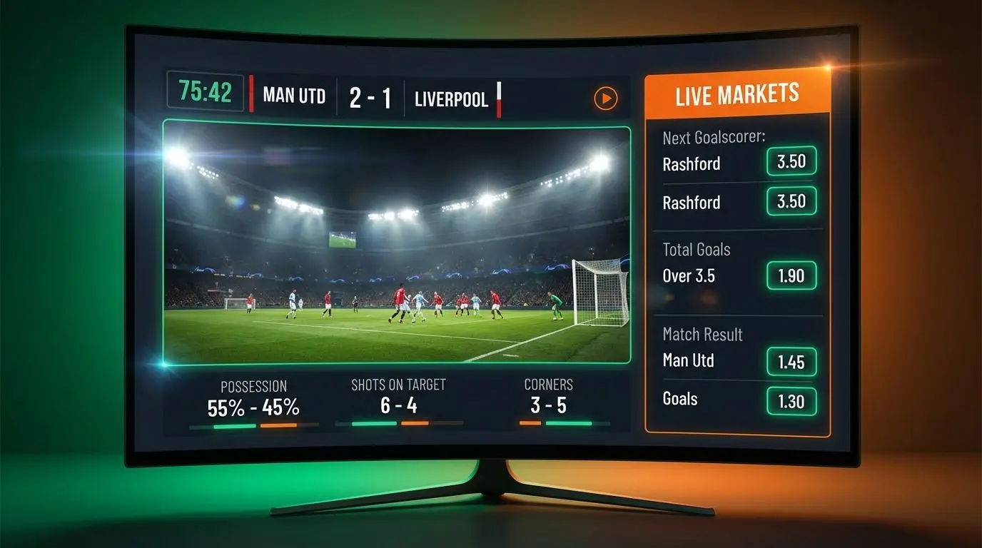 Interface de apostas ao vivo em partida de futebol com estatísticas e mercados