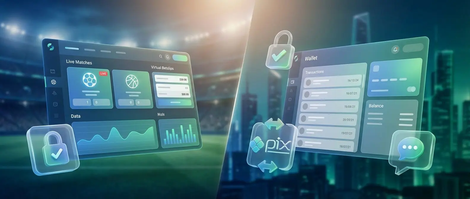 Interface de apostas e carteira da Betesporte com ícones de segurança, PIX e chat