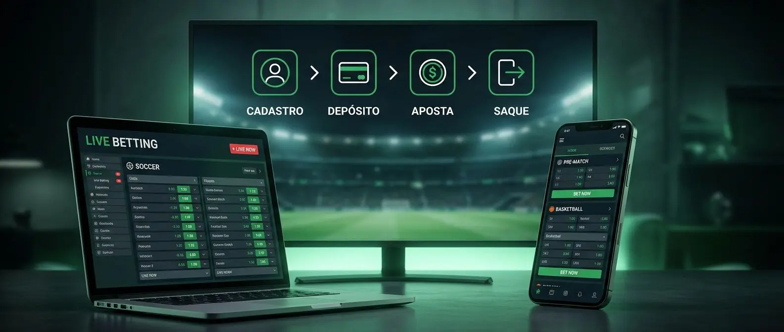 Banner com interface de apostas esportivas online em modo pré-jogo e ao vivo