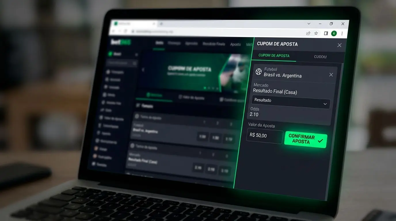 Cupom de aposta online com mercado selecionado e botão de confirmação