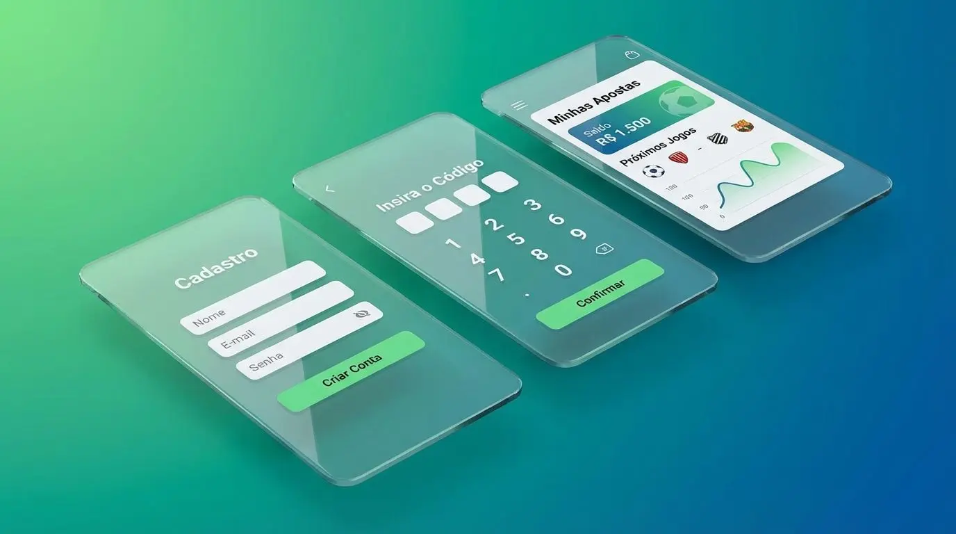 Sequência de telas mostrando cadastro, confirmação e acesso à conta de apostas