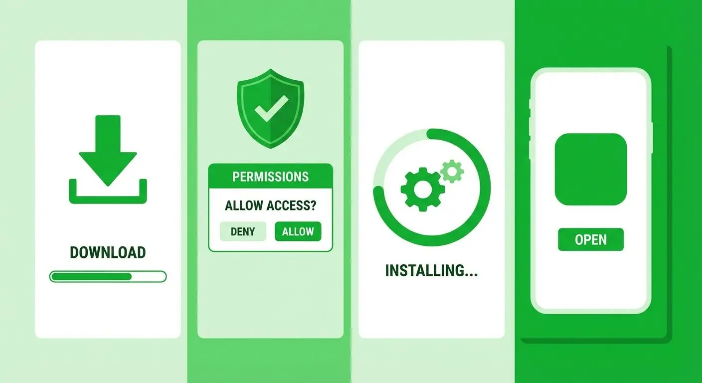 Passos de instalação do app Betesporte em Android com ícones ilustrativos