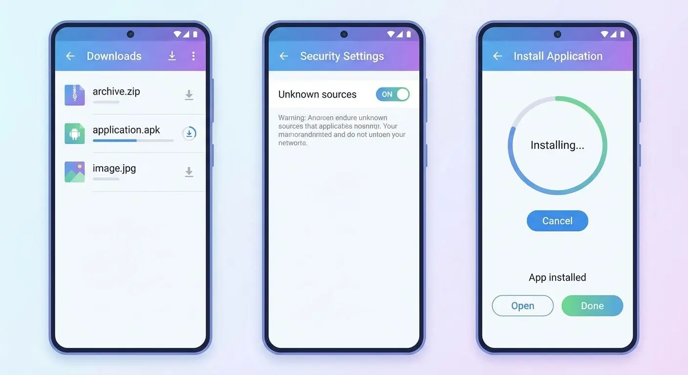 Passos de instalação de um arquivo APK no Android em três telas