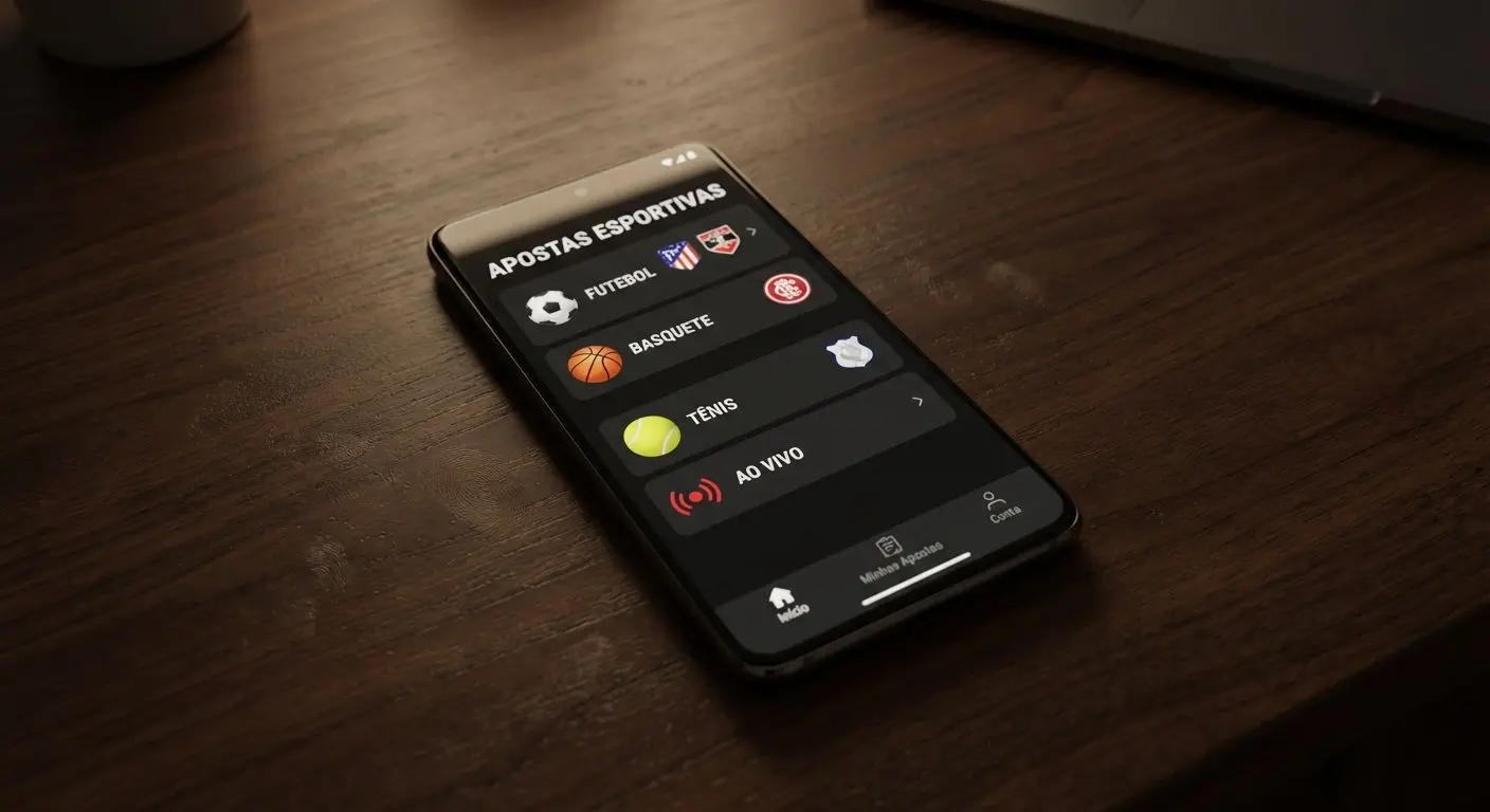 Tela inicial do aplicativo Betesporte em smartphone Android sobre mesa escura