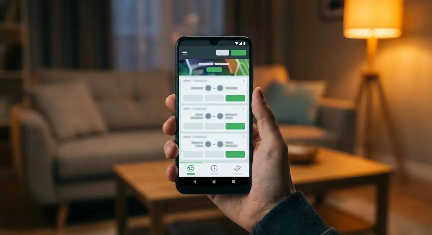 Tela de app de apostas esportivas mostrando esportes, ao vivo e bilhetes