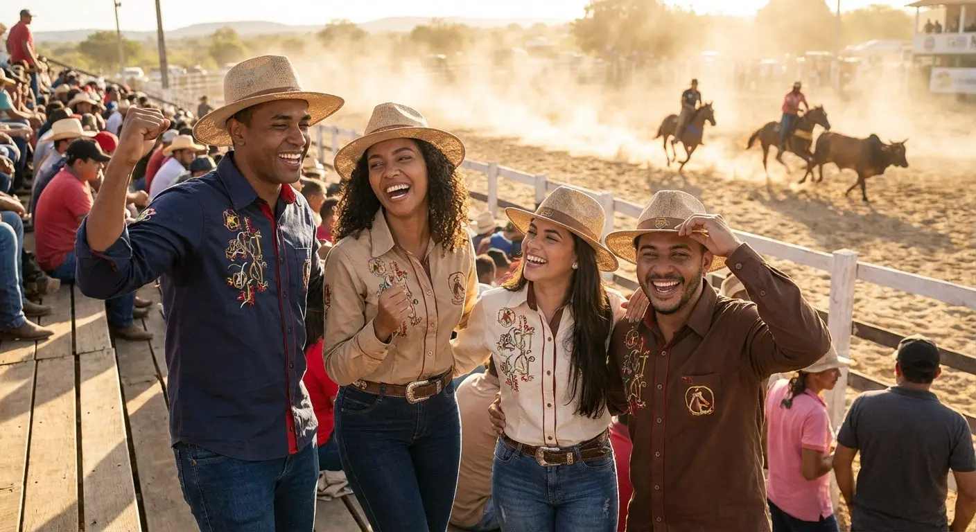 Grupo de amigos em vaquejada usando camisas em clima descontraído na arquibancada