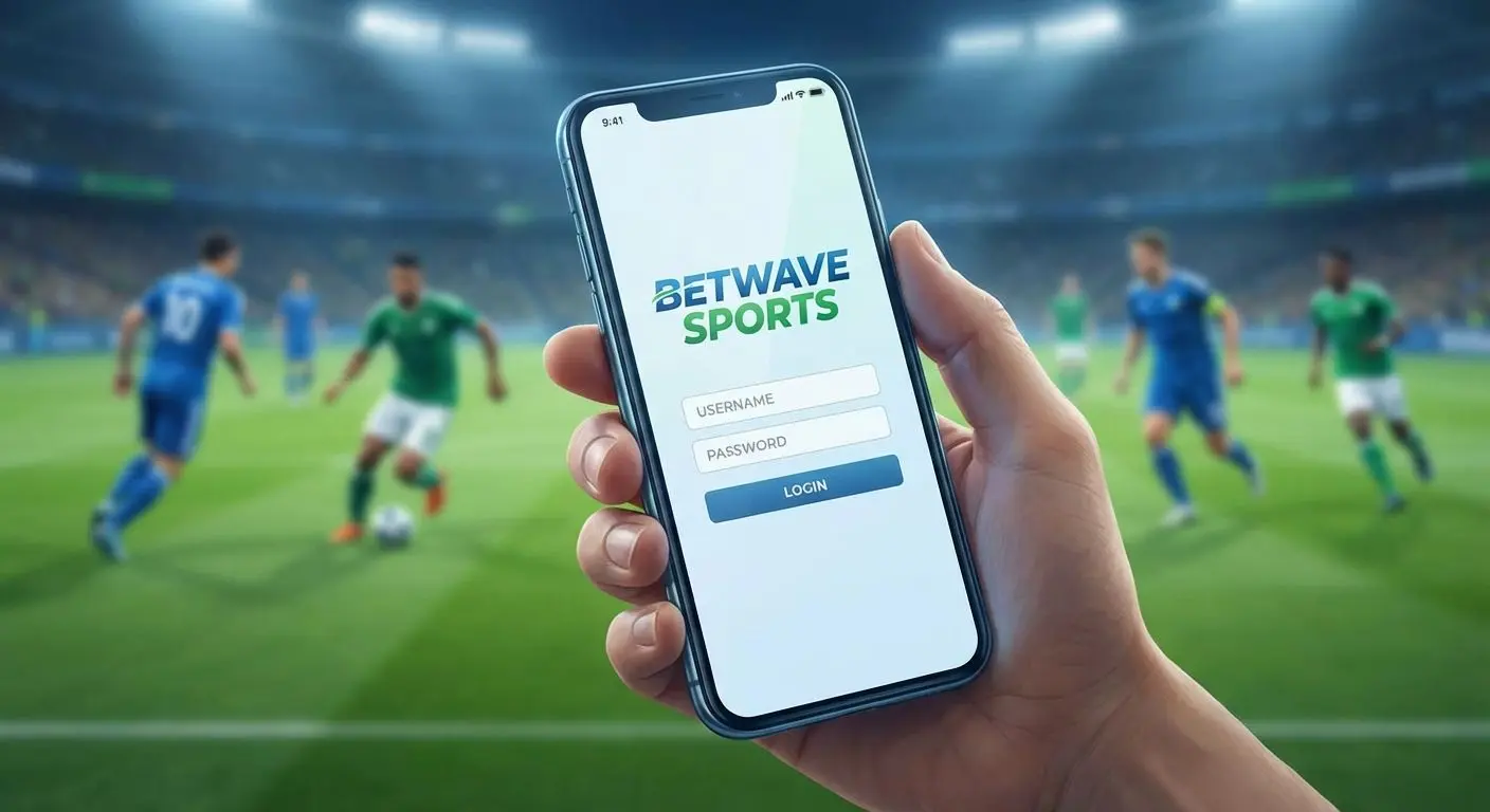 Pessoa segurando celular com tela de login da BetEsporte e jogo de futebol ao fundo