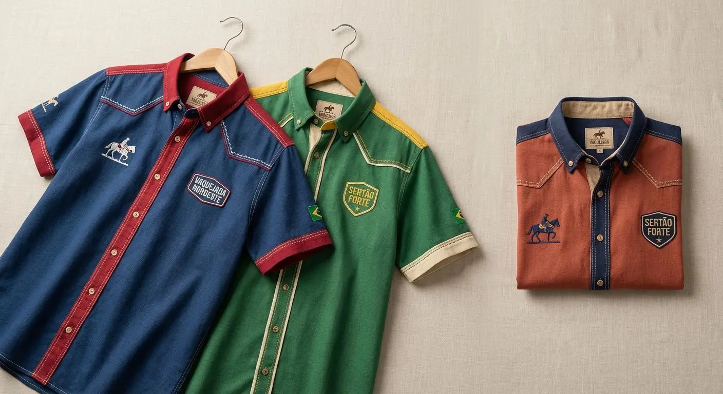 Três camisas de vaquejada em cores diferentes exibindo detalhes de tecido e acabamento