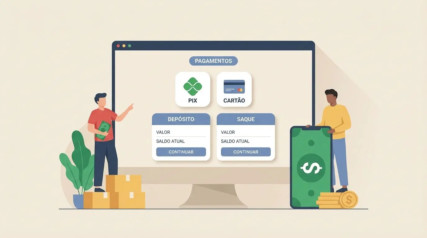 Área de pagamentos online com ícones de PIX e cartão para depósitos e saques