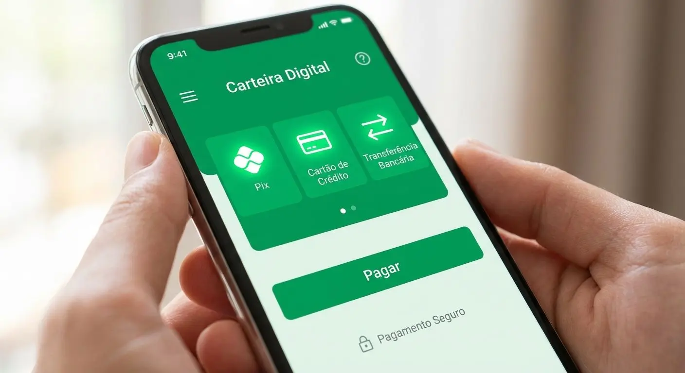 Tela de carteira digital com ícones de Pix, cartão e transferência