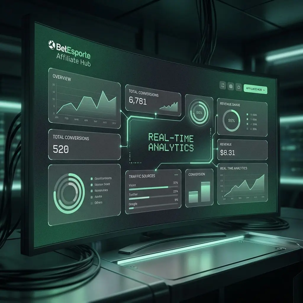 Dashboard de afiliados com métricas de conversão e relatórios da BetEsporte