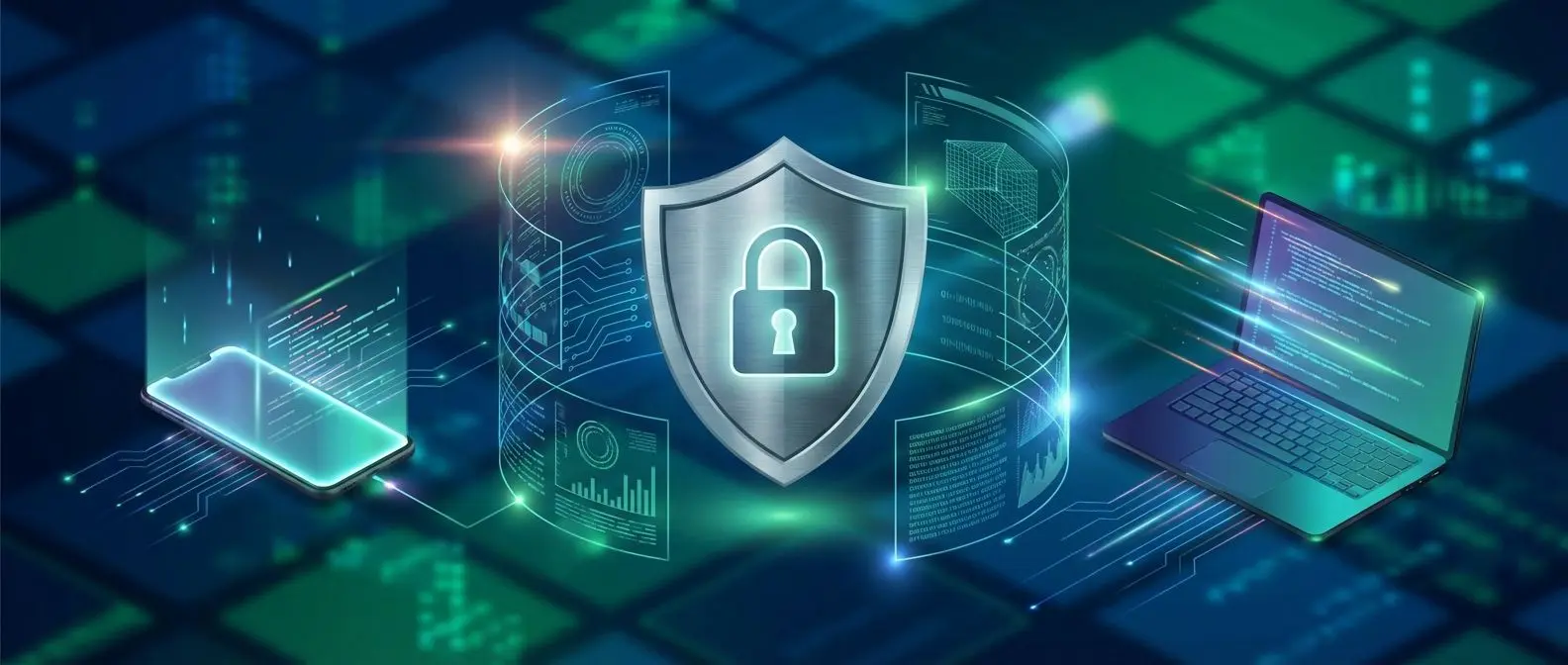 Escudo e cadeado digitais representando proteção de dados em ambiente online