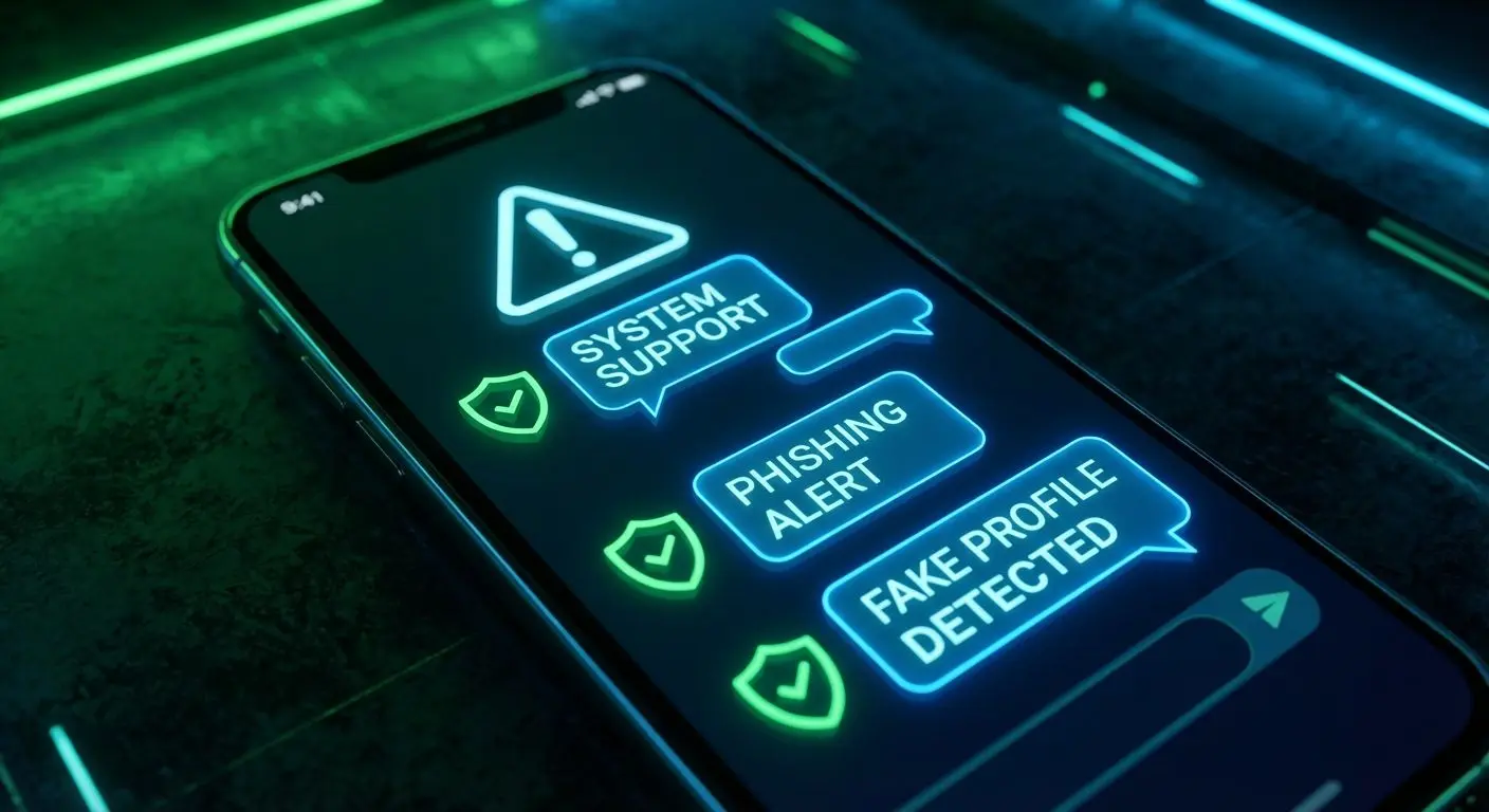 Celular com alerta de segurança sobre perfis falsos e phishing