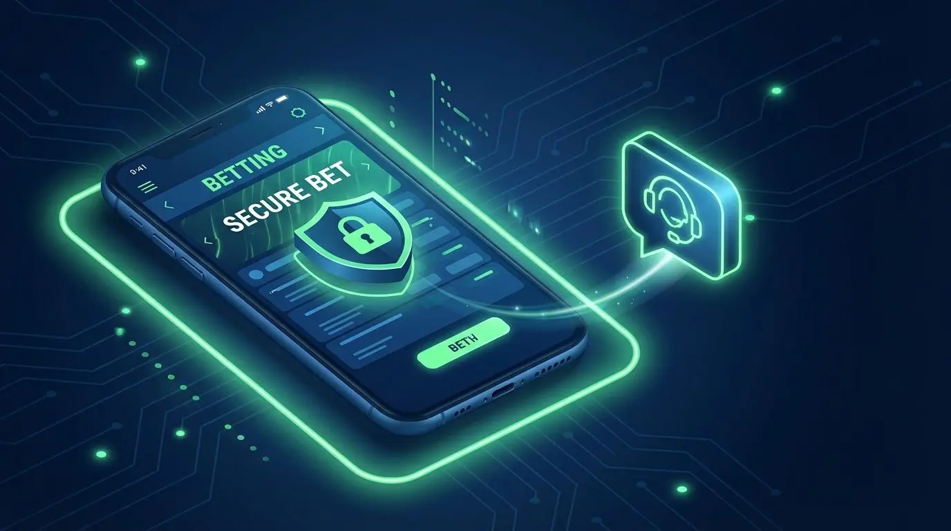 Ícone de segurança e chat de suporte ao lado de smartphone com app Betesporte