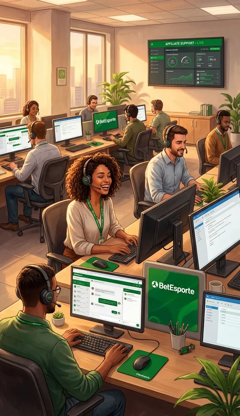 Equipe de suporte BetEsporte atendendo afiliados por chat e e-mail
