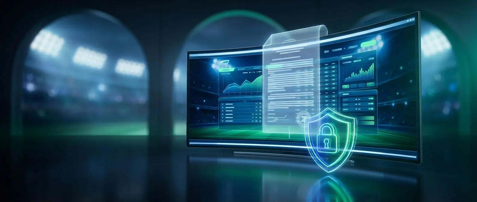 Banner com interface de apostas esportivas e ícones de segurança e termos